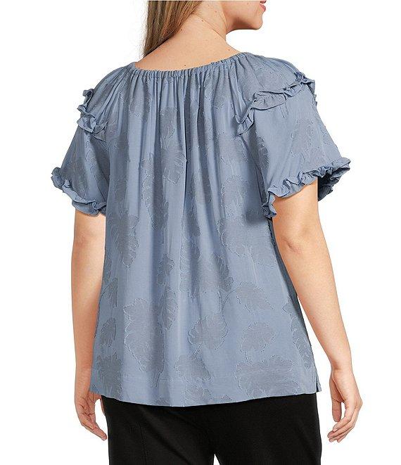 Slim Factor By Investments Plus Size Heidi Palm Jacquard Elastic Crew Neckline Short Sleeve Top Product Image