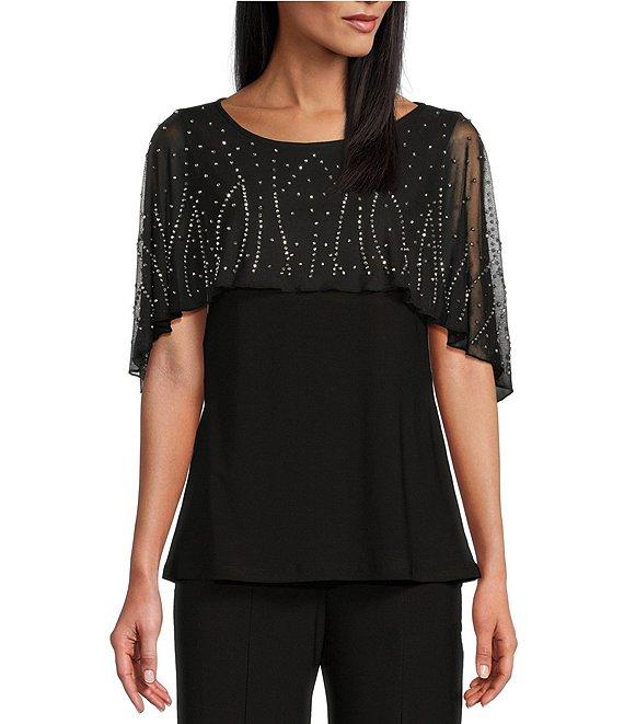 Marina Beaded Short Capelet Sleeve Round Neck Matte Jersey 2-Piece Pant Set Product Image