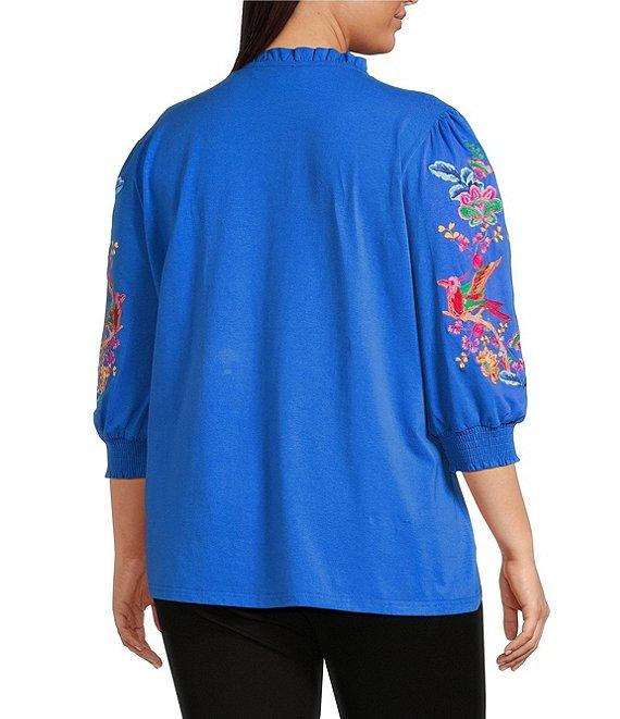 Calessa Plus Size Knit Split V-Neck Embroidered 3/4 Sleeve Tunic Product Image