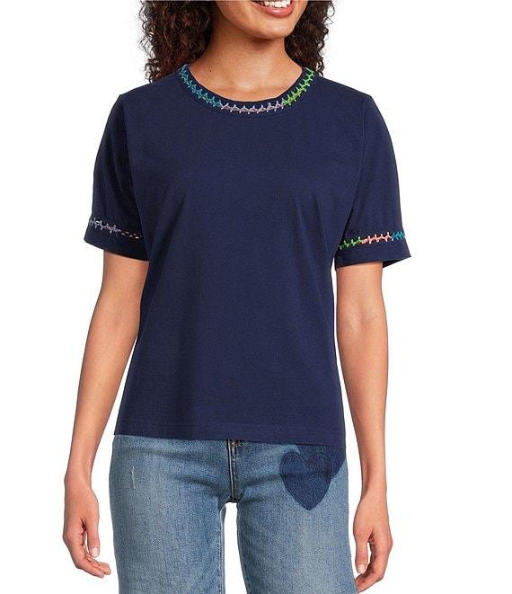 JOHNNY WAS Crochet Trim Crew Neck Short Sleeve Cotton Knit Tee Product Image