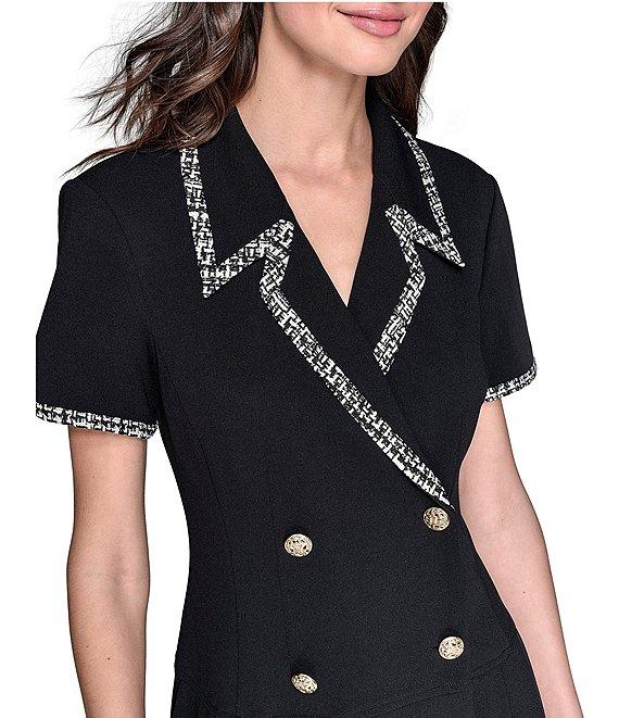 KARL LAGERFELD PARIS Scuba Crepe Notch Collared Short Sleeves Jacquard Piping Shirt Dress Product Image