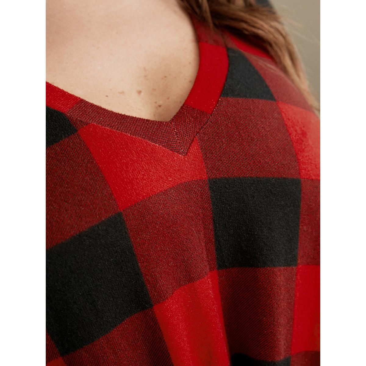 Plus Size Plaid Twist Front Long Tee Raspberry Women Elegant Twist-front Plaid V-neck Dailywear T-shirts BloomChic 26/4X Product Image
