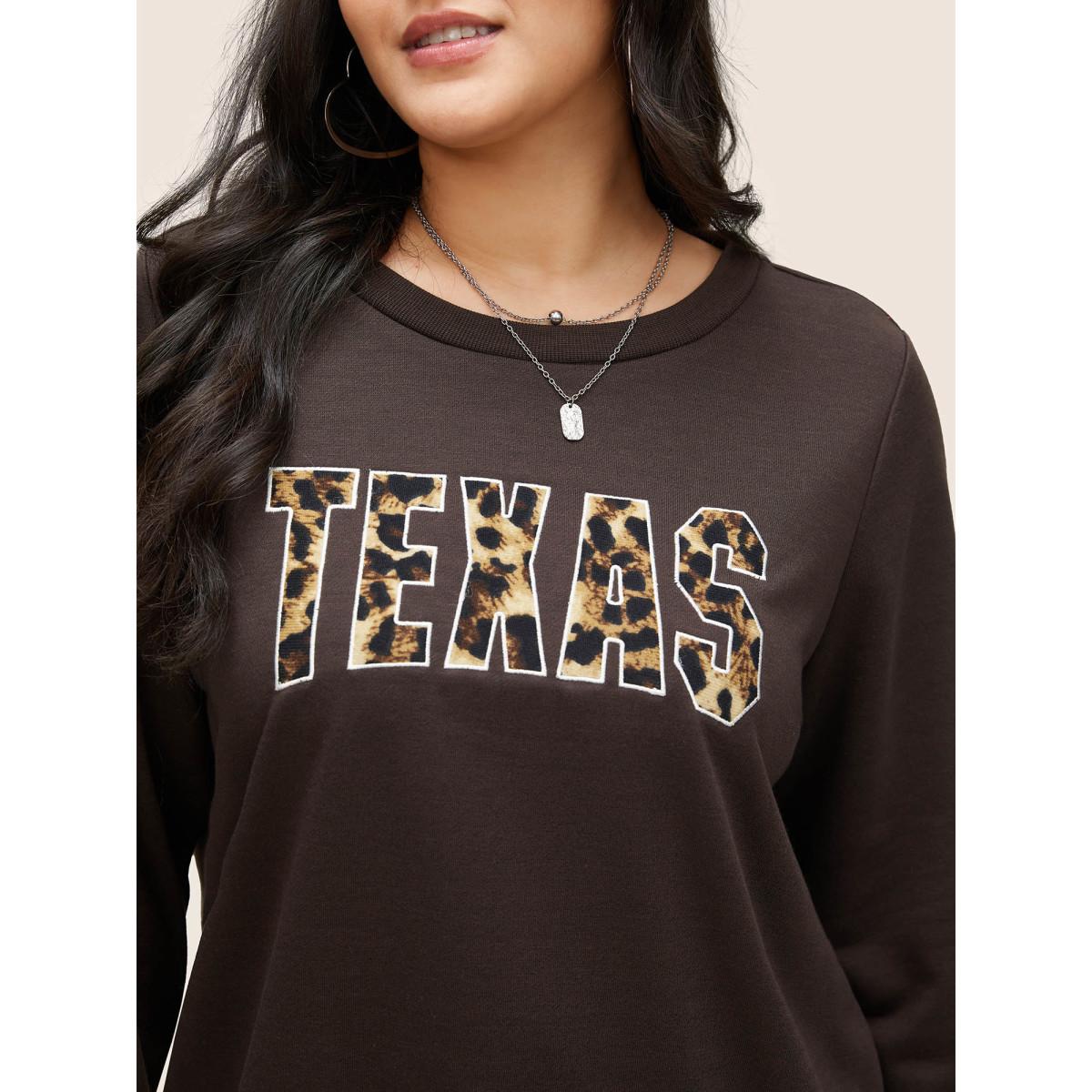 Plus Size Leopard Embroidered Patch Rib Knit Sweatshirt Women DarkBrown Casual Non Round Neck Everyday Sweatshirts BloomChic 18-20/2X Product Image