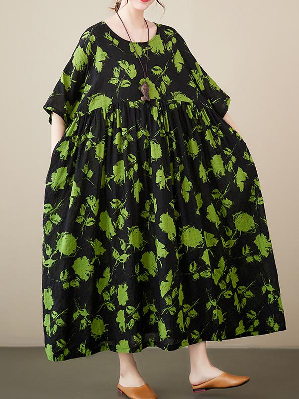 Loose Floral Pleated Round-Neck Midi Dresses Product Image