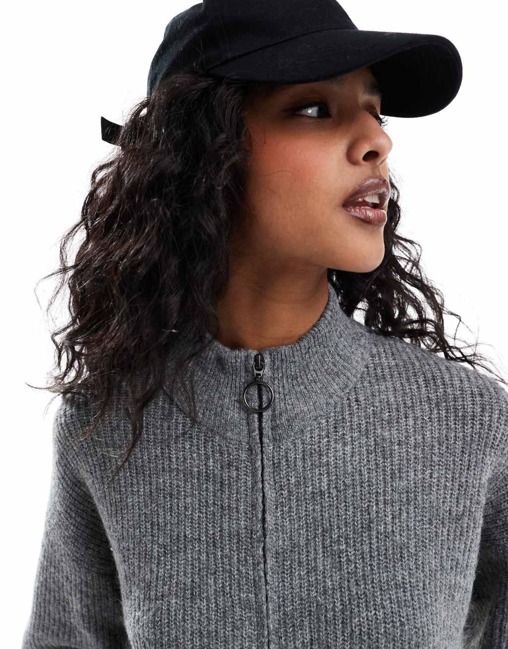 ONLY knitted zip through cardigan in dark gray melange Product Image