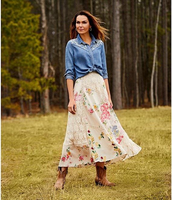 Reba Arizona Point Collar Long Sleeve Embroidered Button Front Top Product Image