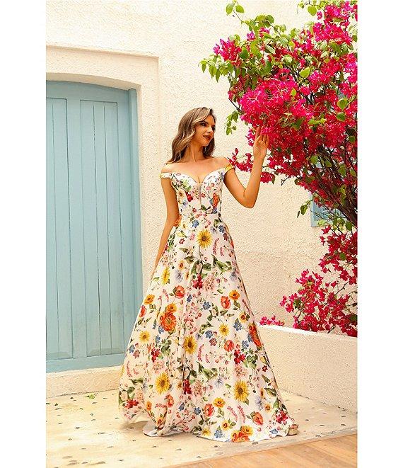 Terani Couture Off-The-Shoulder Floral Print Satin A-line Gown Product Image
