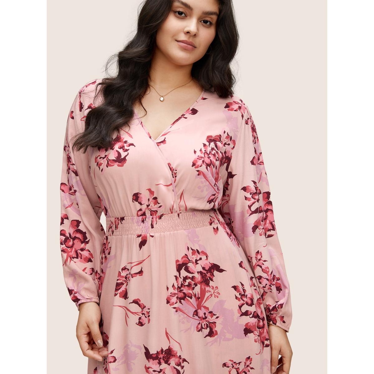Plus Size Floral Print Surplice Neck Ruffle Layered Hem Dress Pink Women Elegant Non Overlap Collar Long Sleeve Curvy Midi Dress BloomChic 18-20/2X Product Image