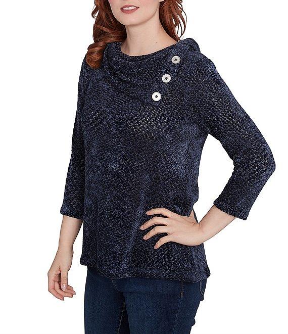 Ruby Rd. Sequin Chenille Knit Cowl Asymmetrical Neck 3/4 Sleeve Sweater Product Image