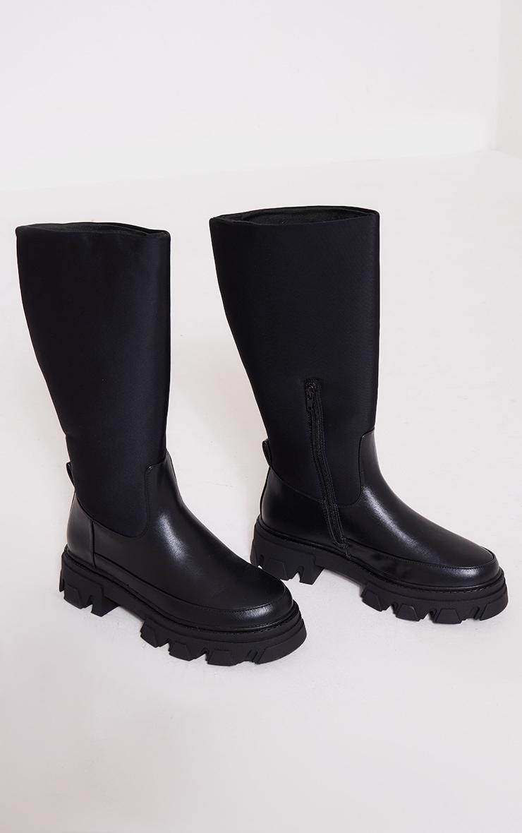 Black Wide Fit Pu Contrast Panel Round Toe Chunky Calf High Boots Product Image