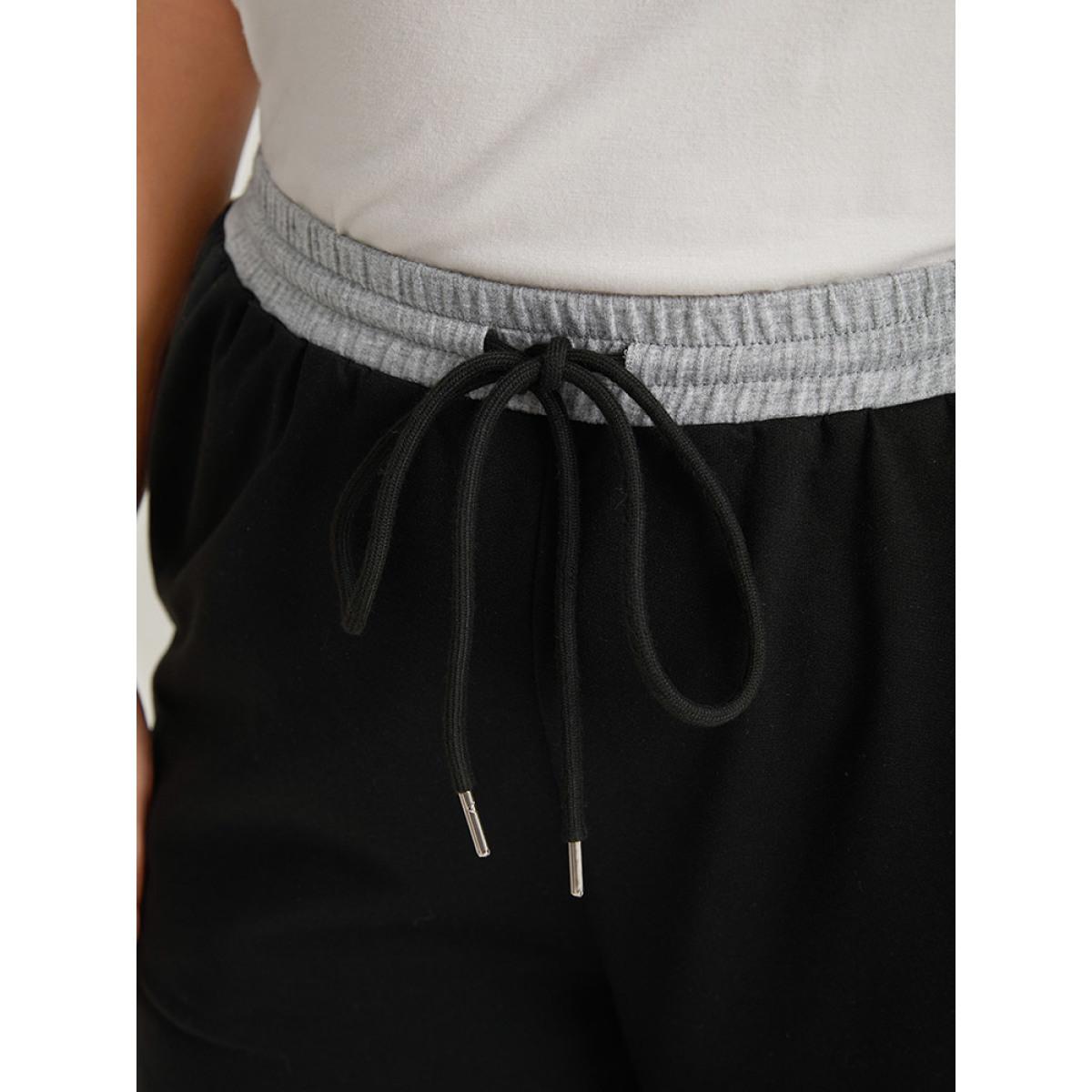 Plus Size Contrast Patchwork Drawstring Straight Leg Pants Women Black Casual High Rise Dailywear Pants BloomChic 10/M Product Image