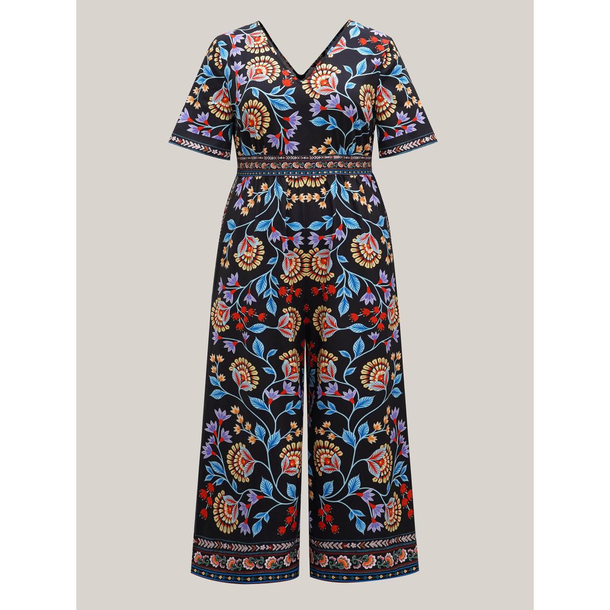 Plus Size Black Deep V-Neck Tropical Print Jumpsuit Women Resort Half Sleeve V-neck Vacation Loose Jumpsuits BloomChic 26/4X Product Image