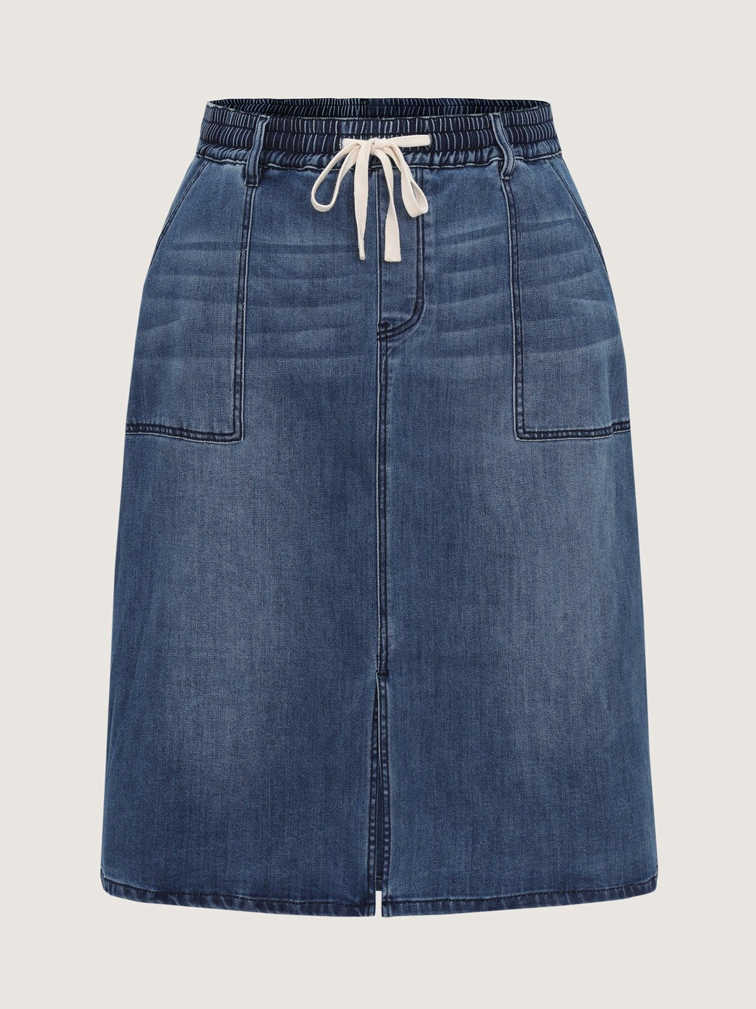 Stretchy Contrast Drawstring Waist Midi Denim Skirt Female Product Image