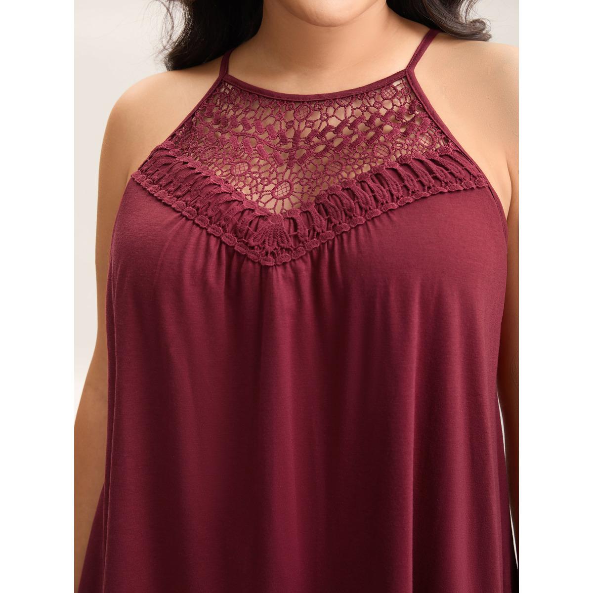 Plus Size Lace Cut-Out Pleated Tank Top Women Deepred Leisure Woven ribbon&lace trim Halter neck Casual Tank Tops Camis BloomChic 12/L Product Image