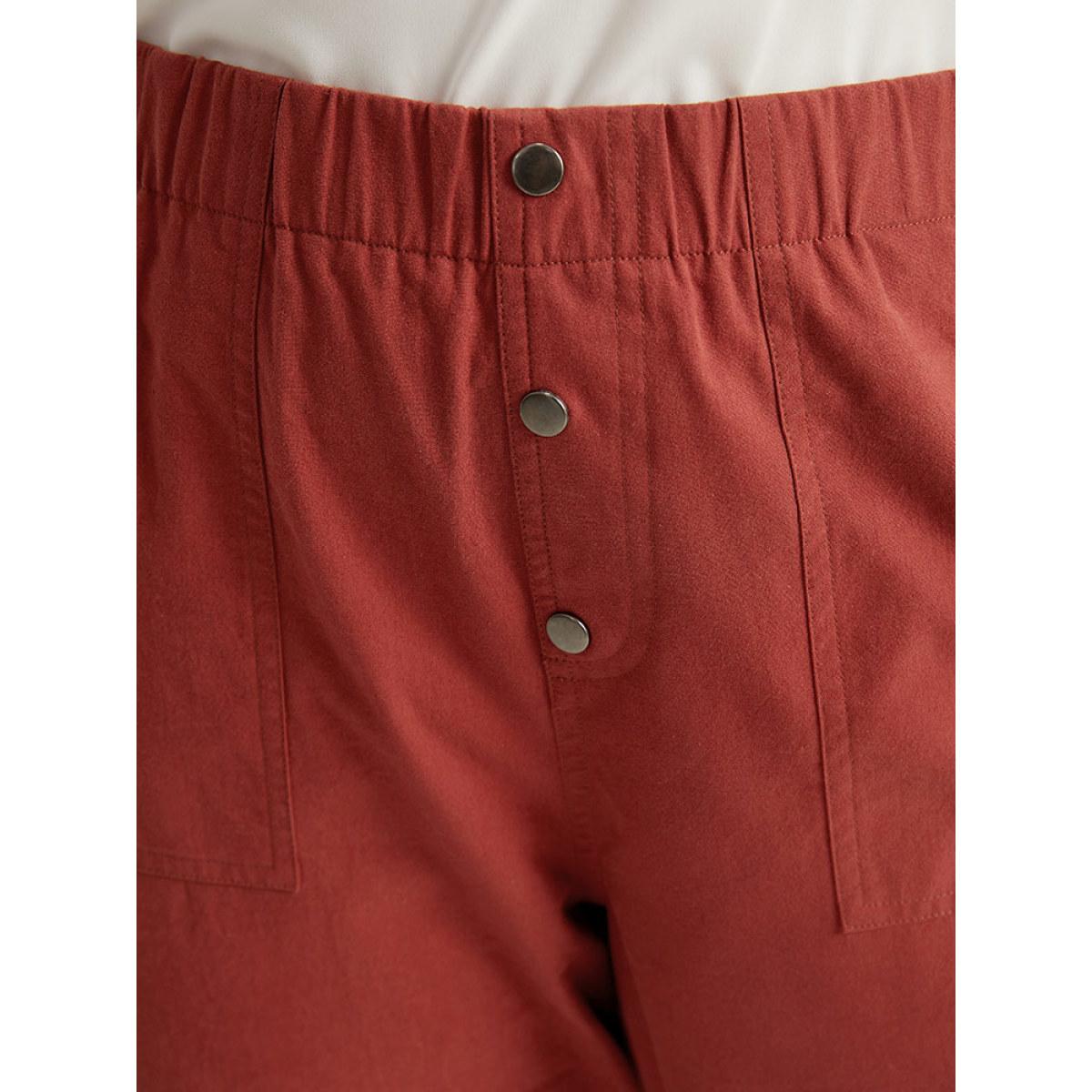 Plus Size Plain Button Up Pocket Straight High Rise Leg Pants Women Russet Casual Straight Leg High Rise Everyday Pants BloomChic 26/4X Product Image