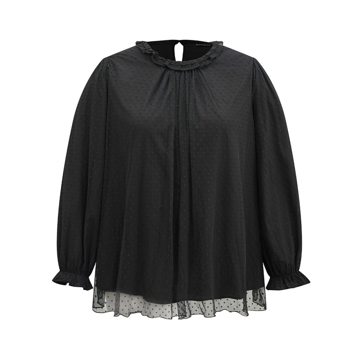 Plus Size Black Solid Ruffles Lace Patchwork Lantern Sleeve Blouse Women Glamour Long Sleeve Round Neck Going out Blouses BloomChic 14-16/1X Product Image