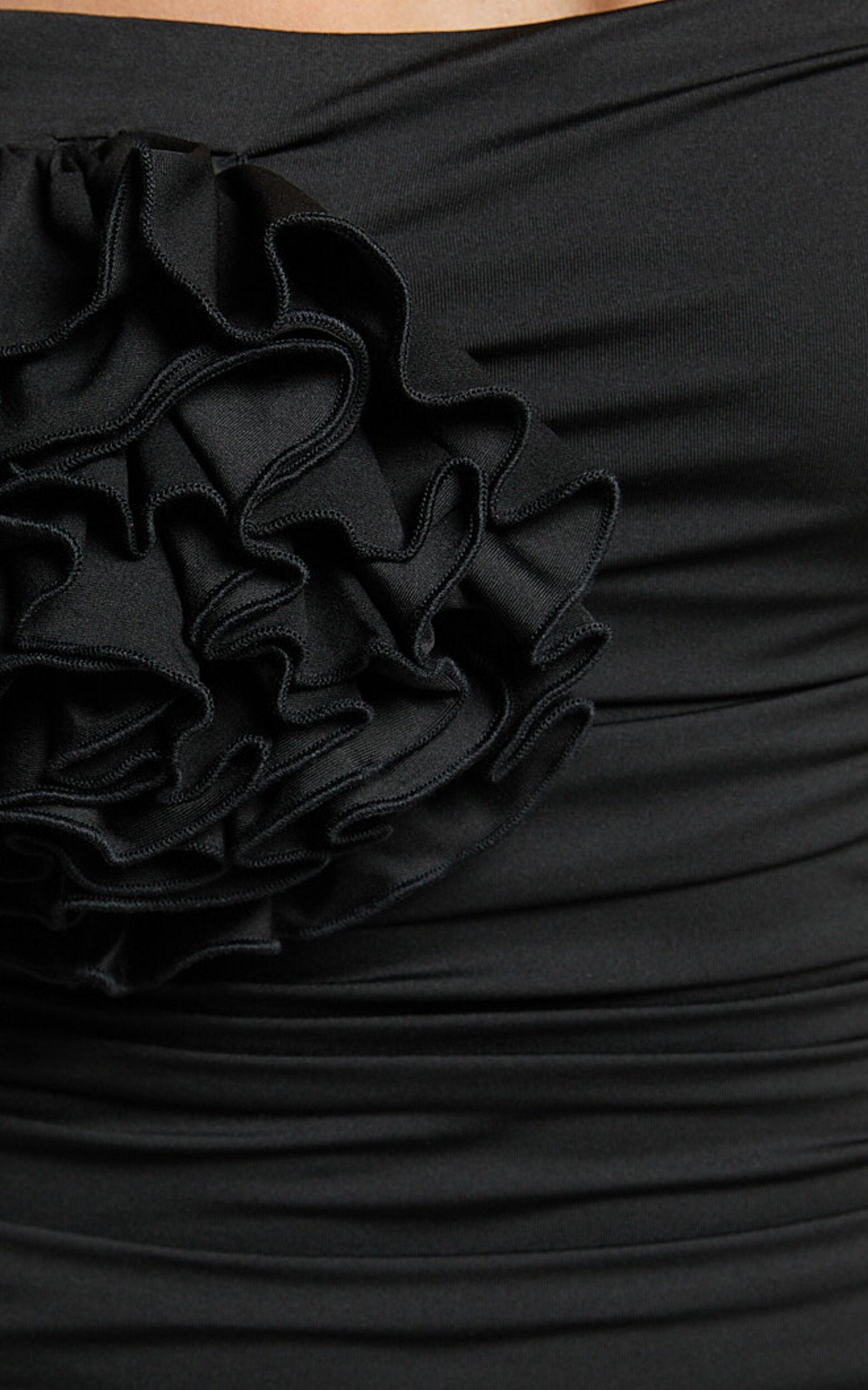 Scarlett Midi Dress - 3D Floral Corsage Ruched Bodycon Dress in Black Product Image