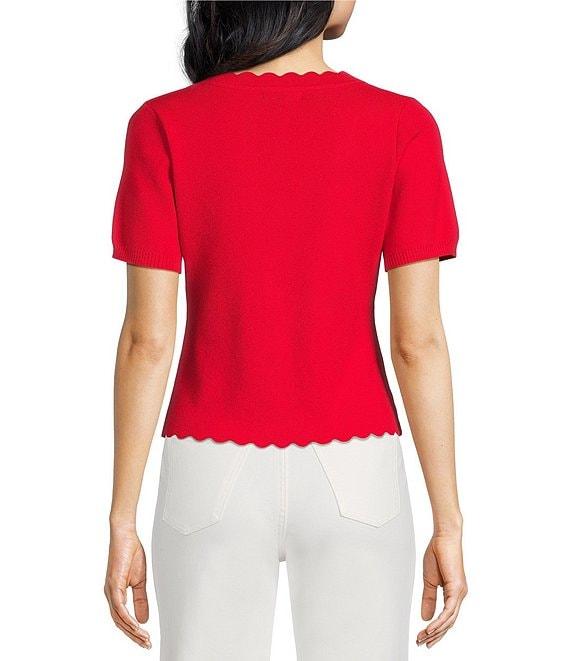 Skies Are Blue Petite Size Pearl Bow V-Neck Short Sleeve Sweater Cardigan Product Image