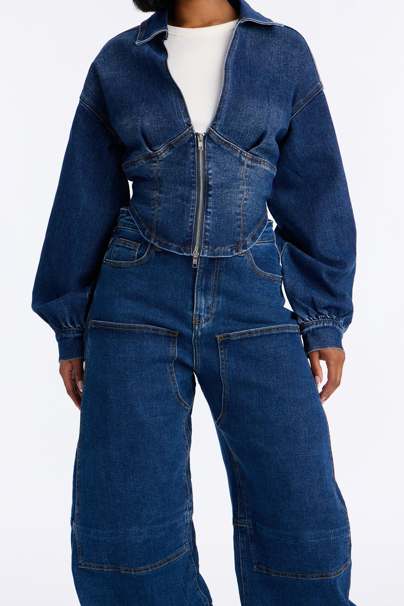 My Way Denim Barrel Pant Set - Dark Wash Female Product Image