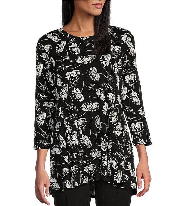 Intro Petite Size Knit Jersey Floral Print Scoop Neck 3/4 Sleeve Flare Hem Top Product Image