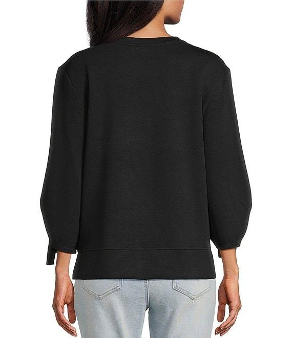 Westbound Petite Size Printed Ruched Sleeve Crew Neck Top Product Image
