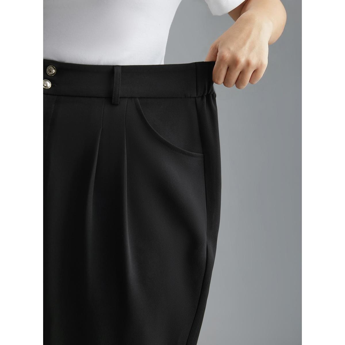 Plus Size Double Buckle Straight Leg Pants Women Black Office Straight Leg High Rise Office Pants BloomChic 10/M Product Image