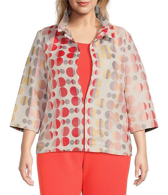 Ming Wang Plus Size Novelty Woven Jacquard Polka Dot Stand Collar 3/4 Sleeve Coordinating Jacket Product Image