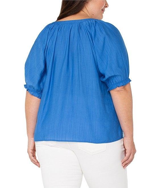 Liverpool Los Angeles Plus Size Crinkle Woven Split V-Neck Short Sleeve Blouse Product Image