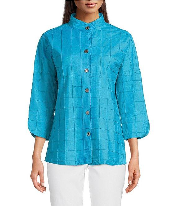 Ali Miles Textured Soft Point Collar 3/4 Sleeve Button Front Tunic Product Image