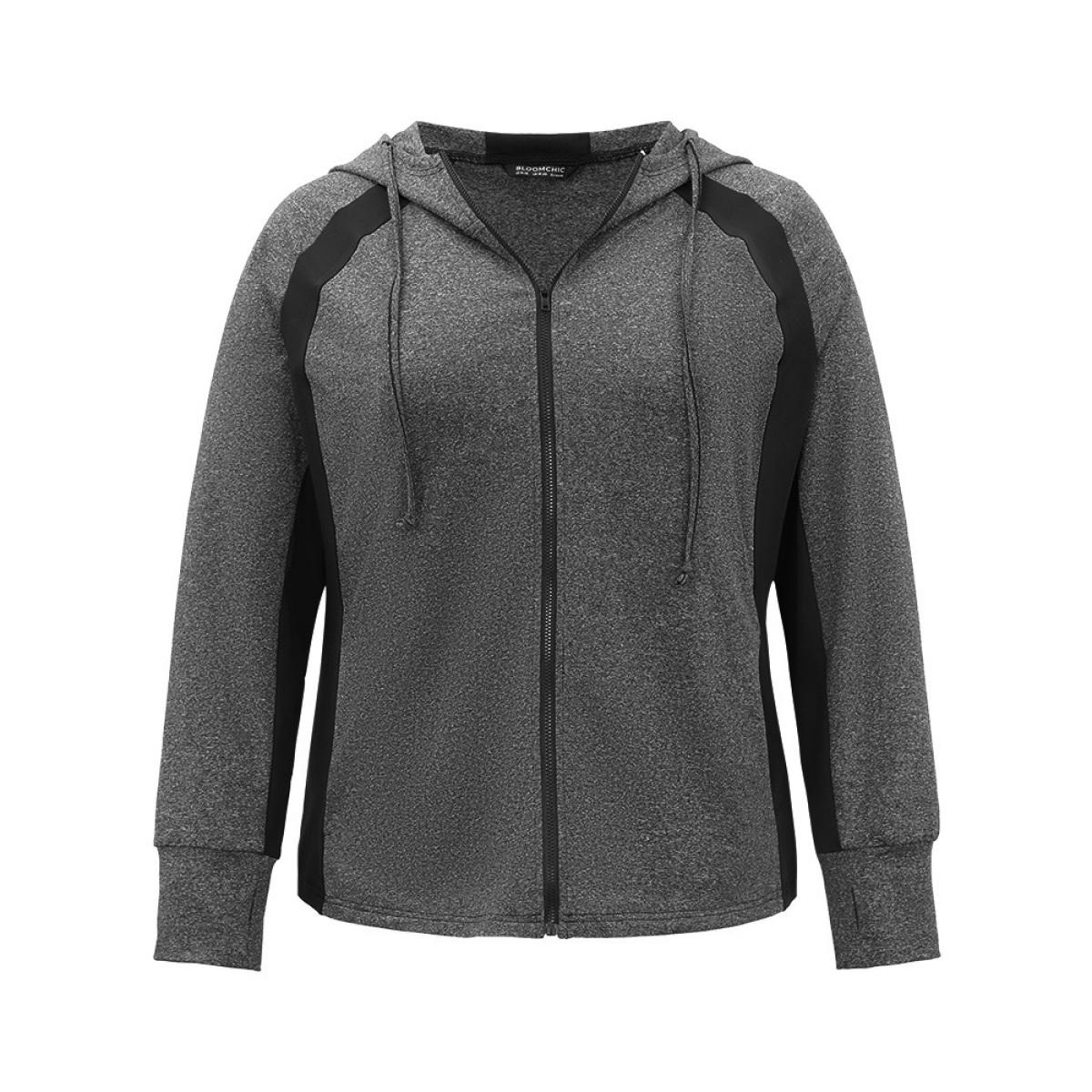 Plus Size Contrast Drawstring Zipper Hooded Jacket Women DimGray Contrast Pocket Dailywear Jackets BloomChic 30/6X Product Image