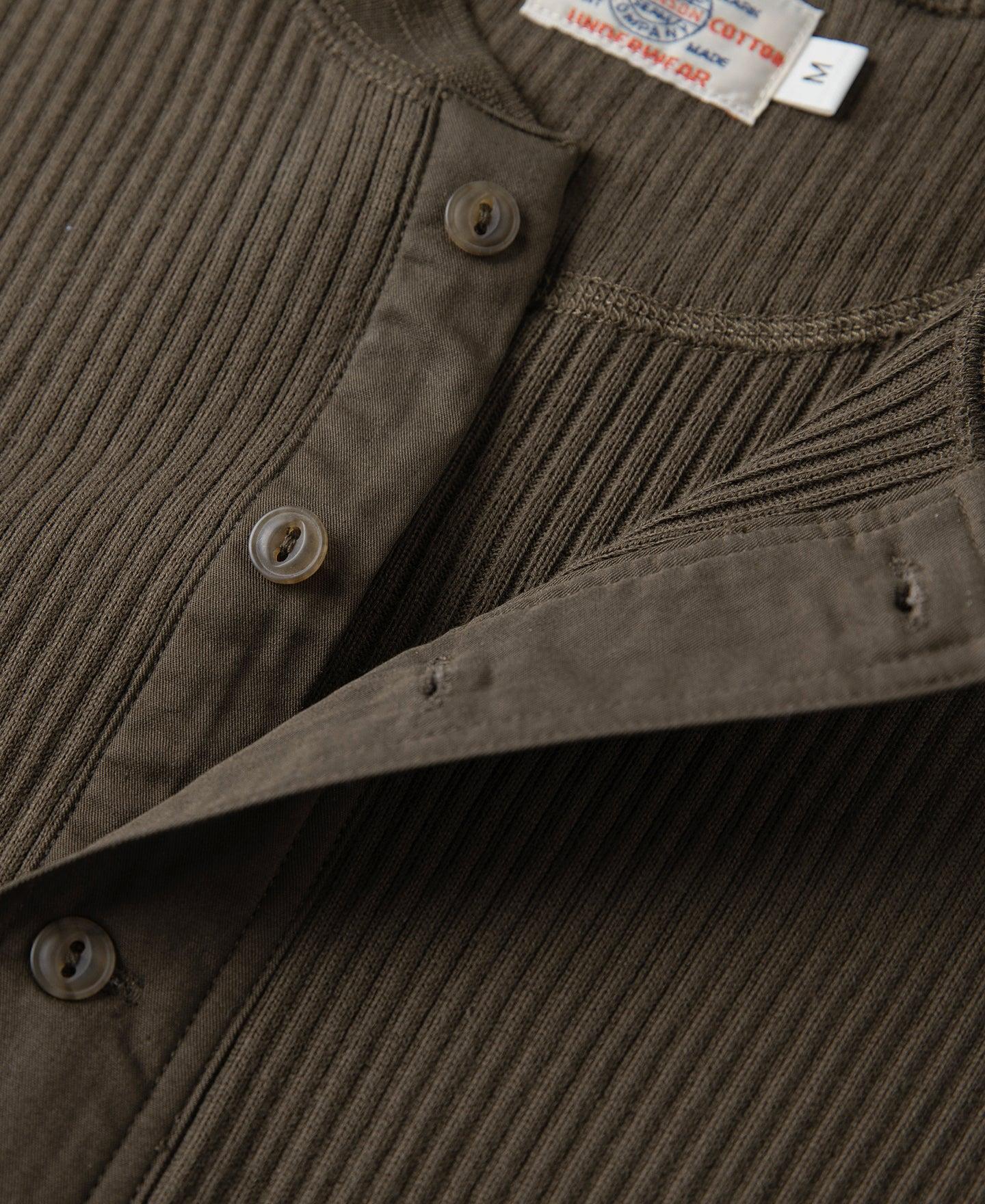Ribbed Long Sleeve Henley T-Shirt - Olive Brown Product Image