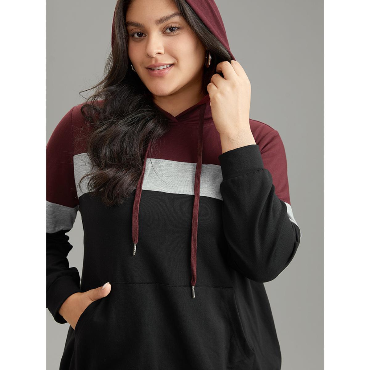 Plus Size Colorblock Contrast Hooded Kangaroo Pocket Sweatshirt Women Multicolor Casual Contrast Hooded Everyday Sweatshirts BloomChic 12/L Product Image