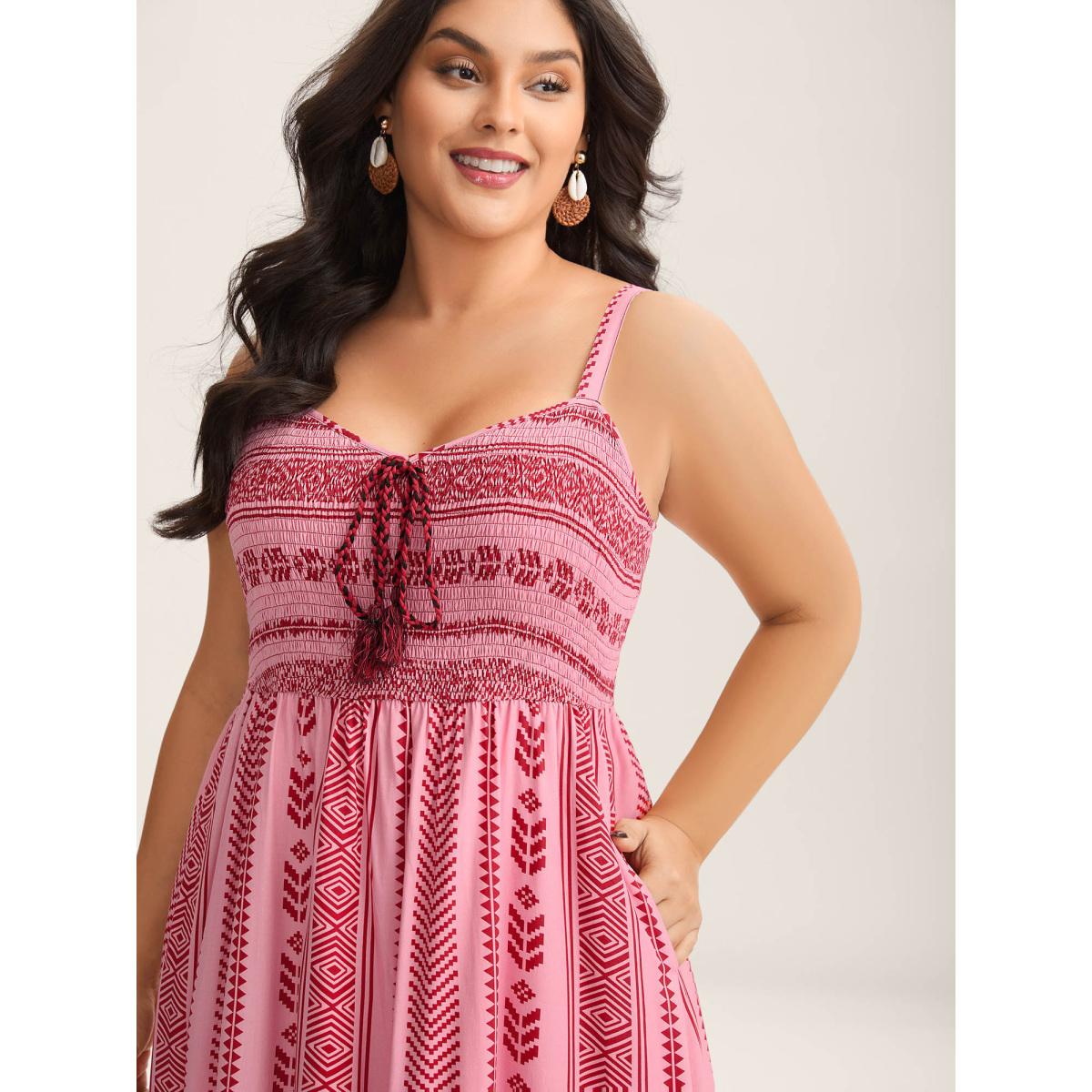 Plus Size Boho Stripes Shirred Tassel Midi Dress Rosered Women Square Neck Sleeveless Curvy BloomChic 10/M Product Image