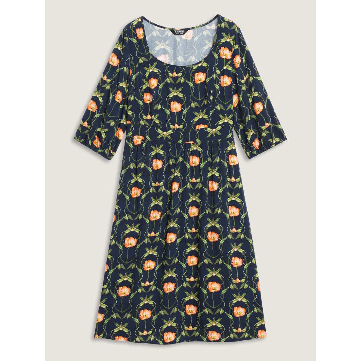 Plus Size Supersoft Floral Print Shirred Midi Dress Indigo Women Romantic Shirred U-neck Elbow-length sleeve Curvy BloomChic 30/6X Product Image