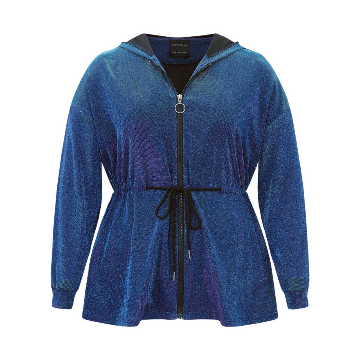 Plus Size Glitter Plain Drawstring Zipper Knot Hooded Coat Women Purple Elastic cuffs Dailywear Jackets BloomChic 18-20/2X Product Image