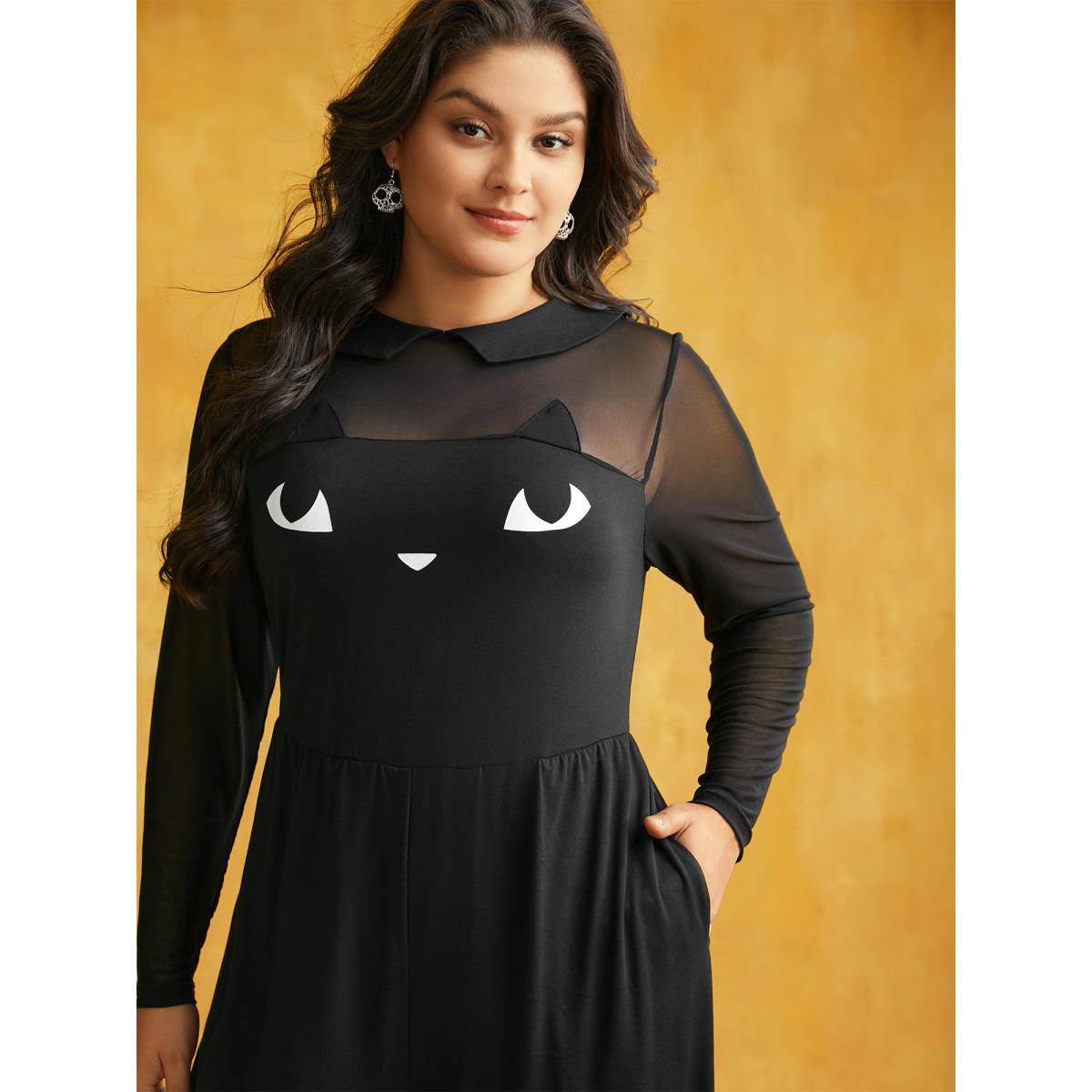 Plus Size Scarlet Stretch Fabric Spooky Cat Jumpsuit Women Playful Long Sleeve Round Neck Casual Loose Jumpsuits BloomChic 26/4X Product Image
