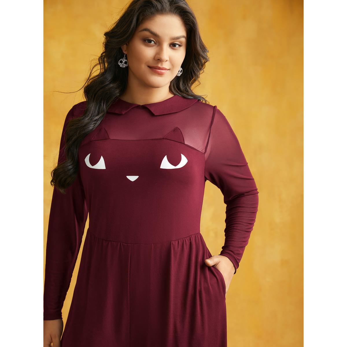 Plus Size Scarlet Stretch Fabric Spooky Cat Jumpsuit Women Playful Long Sleeve Round Neck Casual Loose Jumpsuits BloomChic 26/4X Product Image