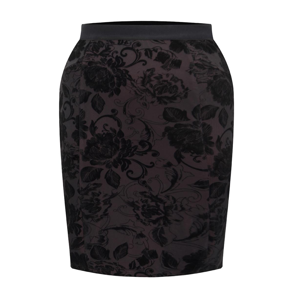 Plus Size Flocking Silhouette Floral Print Bodycon Skirt Women Scarlet Elegant Velvet Bodycon Medium stretch Dailywear Skirts BloomChic 22-24/3X Product Image