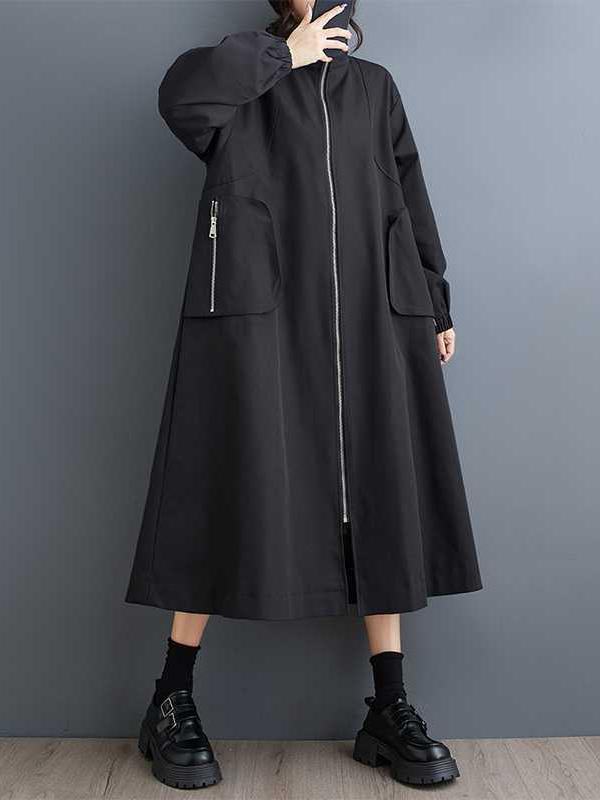 Long Sleeves Loose Elasticity Pockets Split-Joint Zipper High Neck Outerwear Trench Coats Product Image
