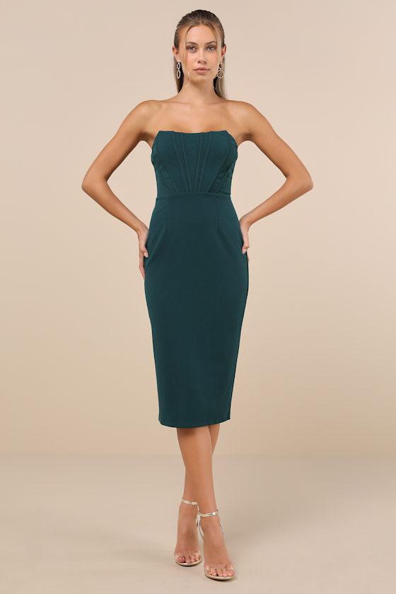 Gorgeously Sultry Emerald Green Bustier Strapless Midi Dress Product Image