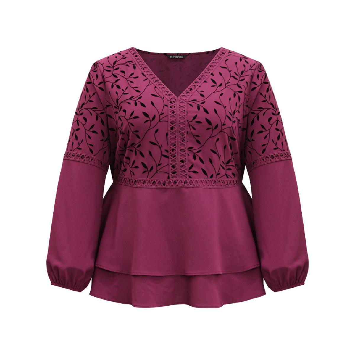 Plus Size RedViolet Silhouette Floral Print Lace Patchwork Layered Hem Blouse Women Elegant Long Sleeve V-neck Dailywear Blouses BloomChic 26/4X Product Image