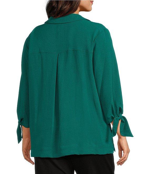 Slim Factor by Investments Plus Size Nicole Point Collar Y-Neck 3/4 Tie Sleeve Button Front Top Product Image