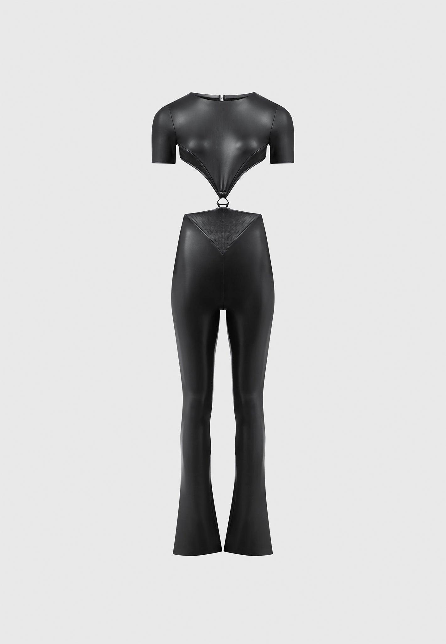 Leather Backless Jumpsuit - Black Female Product Image