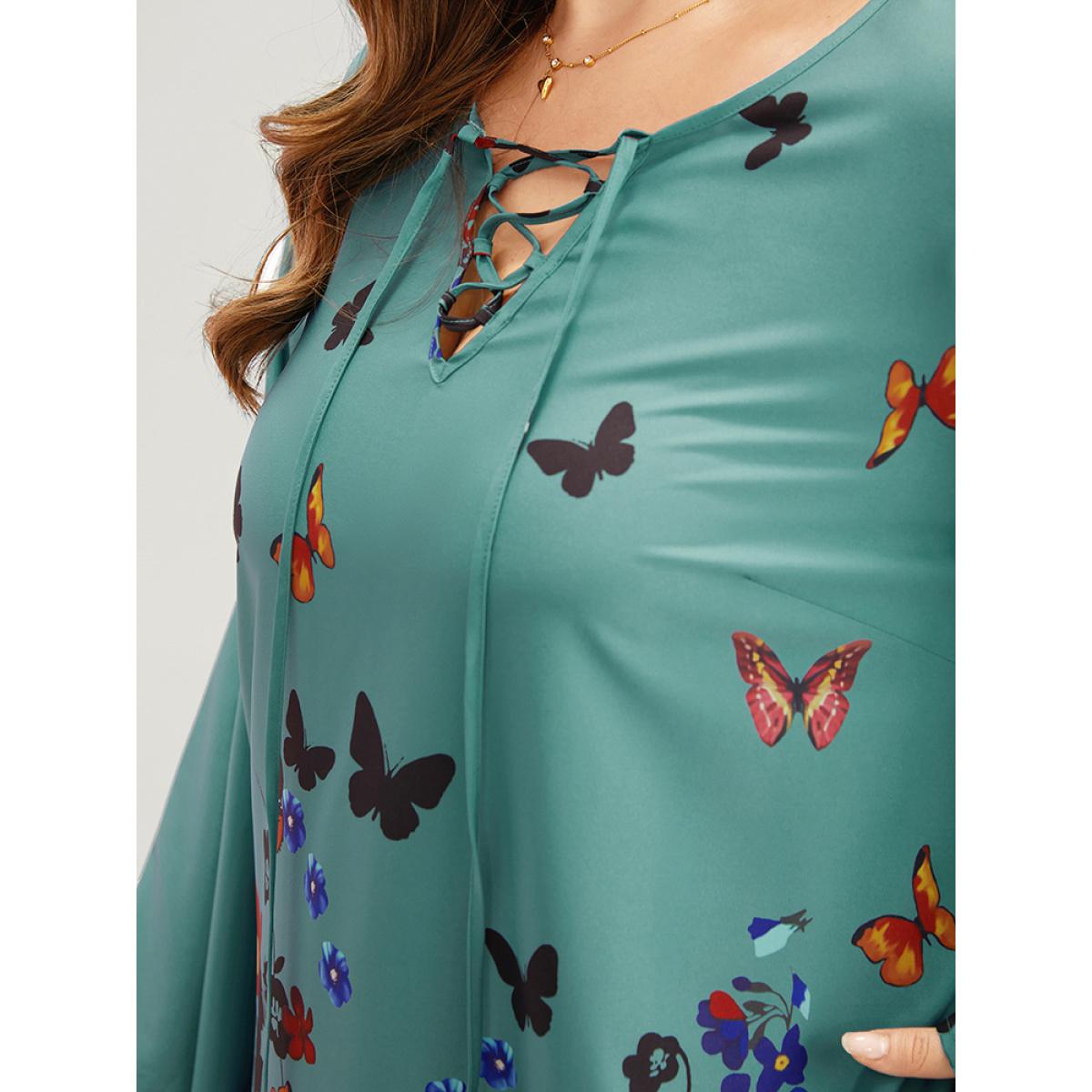 Plus Size Butterfly & Floral Print Knot Neck Bell Sleeve Dress Turquoise Women Elegant Cross straps Tie Neck Long Sleeve Curvy Knee Dress BloomChic 12/L Product Image