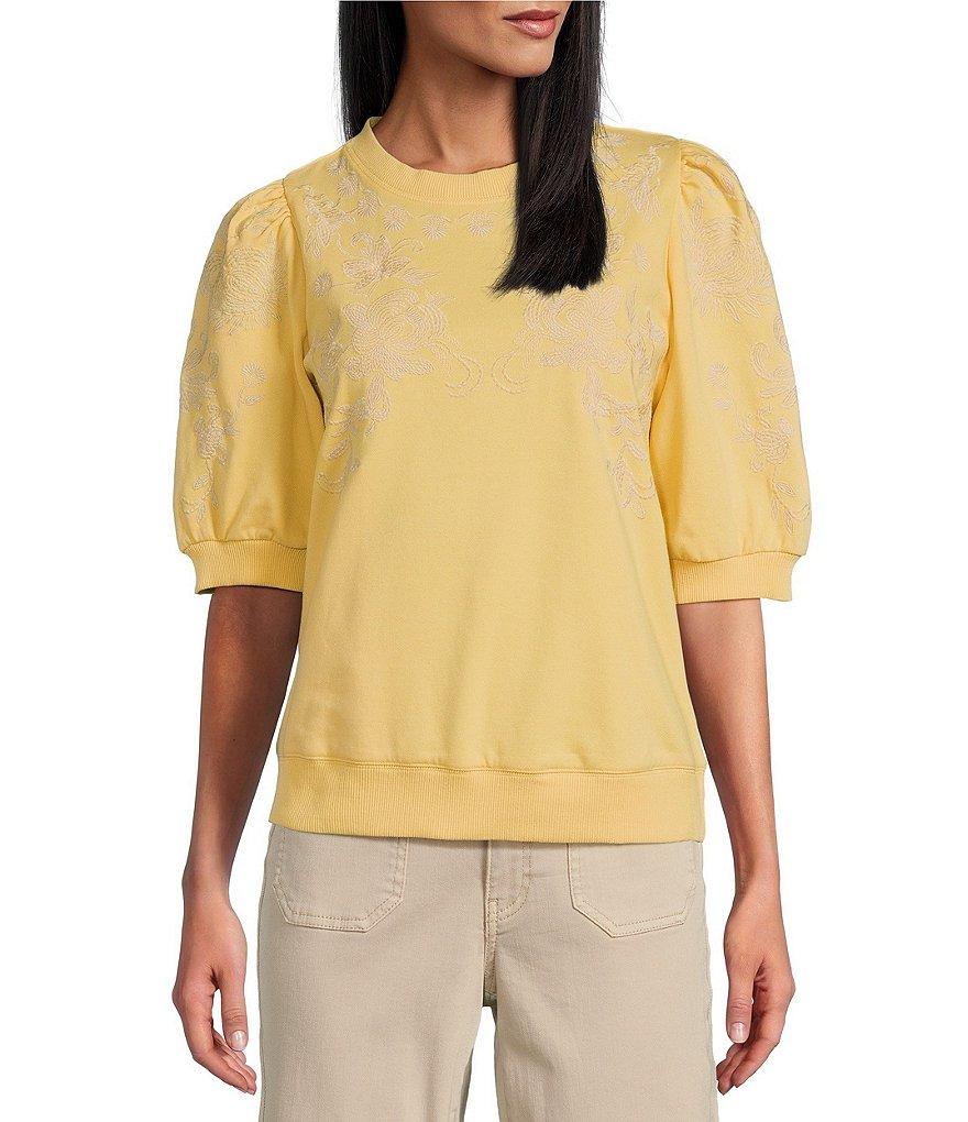 Nurture by Westbound Petite Size Knit Crew Neck Floral Embroidered Elbow Sleeve Top Product Image