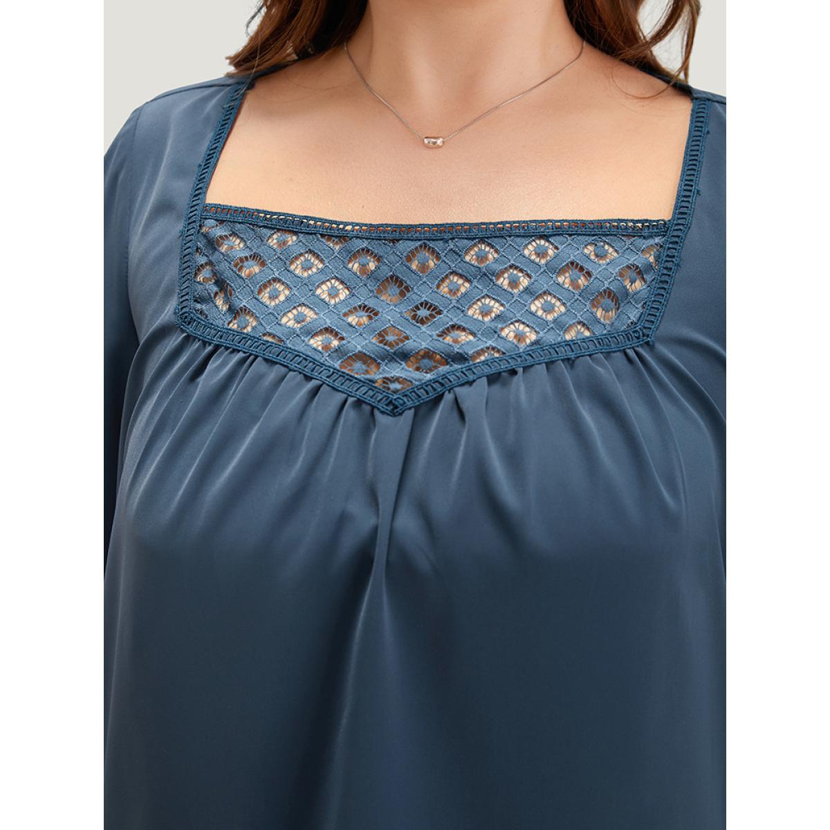 Plus Size Indigo Anti-Wrinkle Square Neck Lace Panel Gathered Blouse Women Office Elbow-length sleeve Square Neck Work Blouses BloomChic 10/M Product Image
