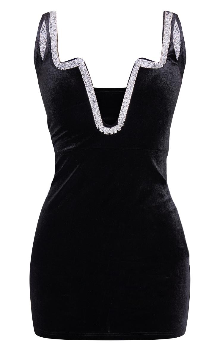 Black Velvet Diamante Detail Trim Mini Dress Product Image