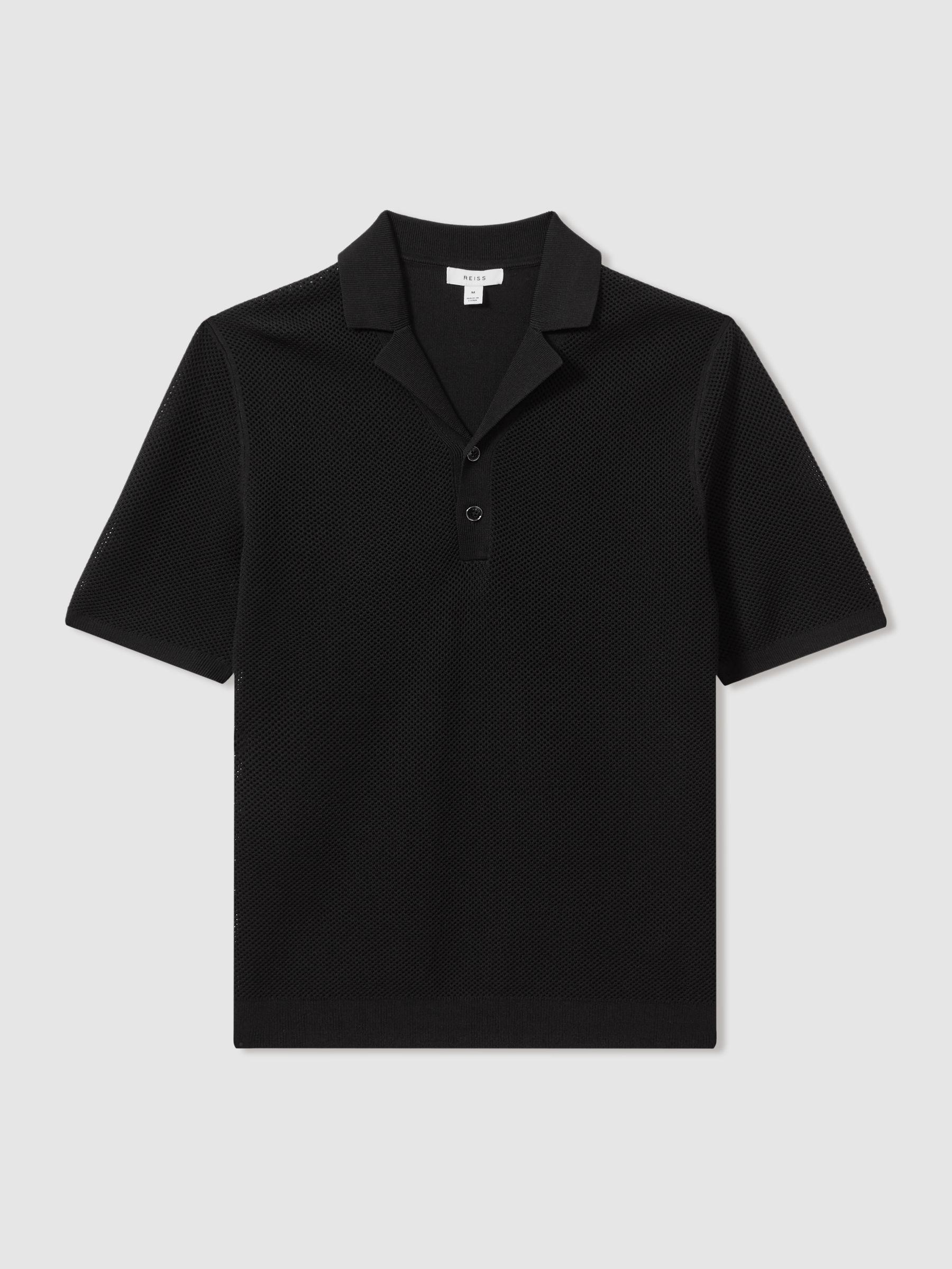 Open-Stitch Cuban-Collar Polo Shirt in Black Product Image