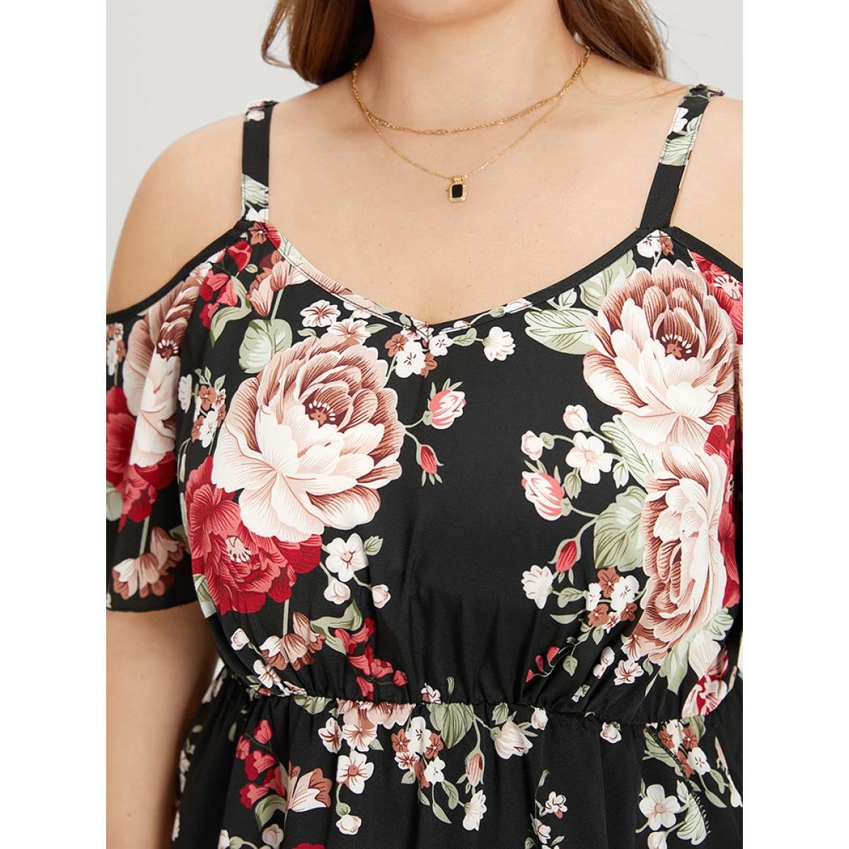 Plus Size Floral Print Pocket Asymmetrical Hem Cold Shoulder Dress Black Women Elegant Elastic Waist Cold Shoulder Short sleeve Curvy Midi Dress BloomChic 26/4X Product Image