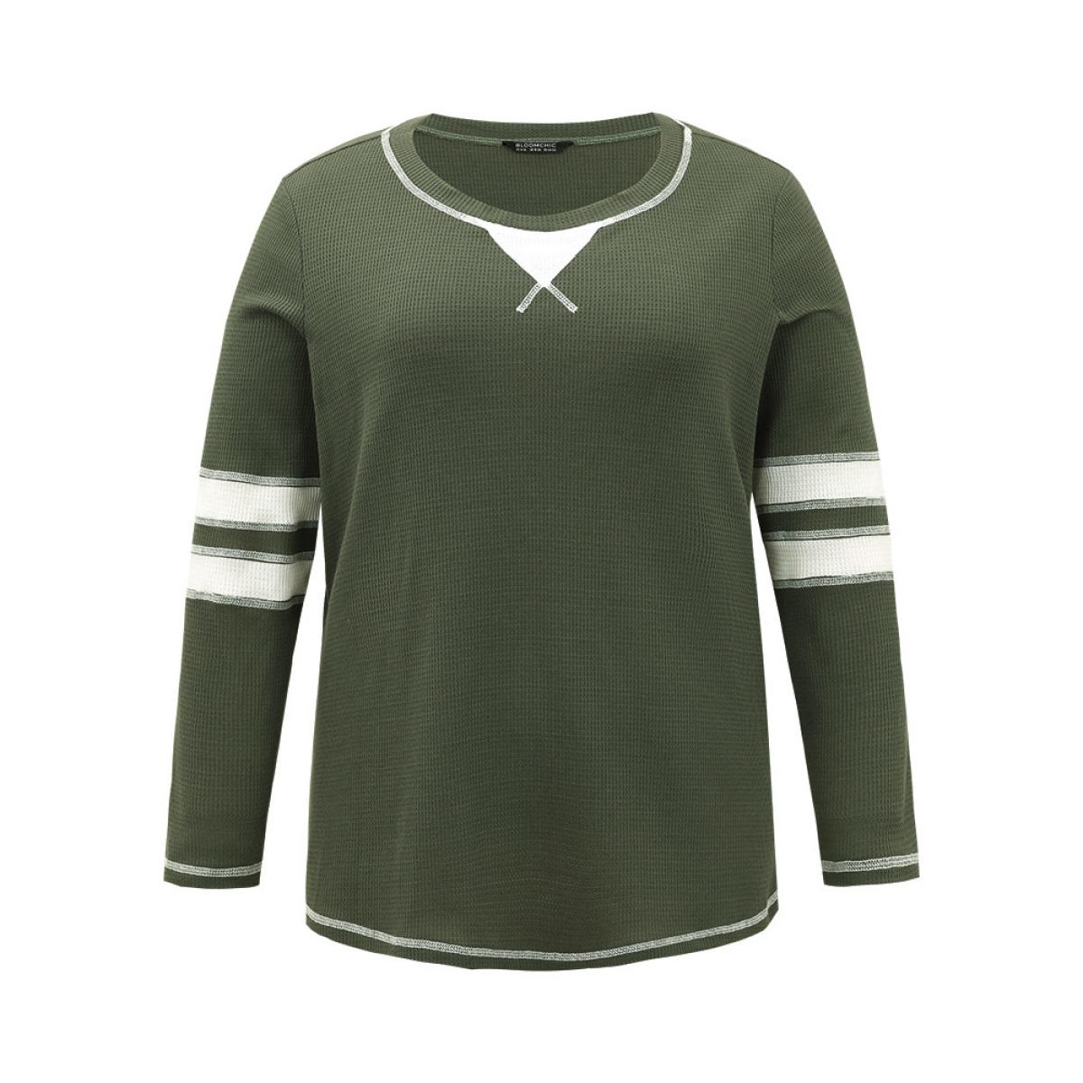 Plus Size Waffle Knit Striped Contrast Stitch T-shirt Green Women Casual Contrast Striped Round Neck Dailywear T-shirts BloomChic 26/4X Product Image
